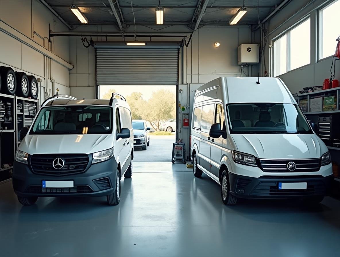 Dodávka a osobné auto v dielni autoservisu Brzda