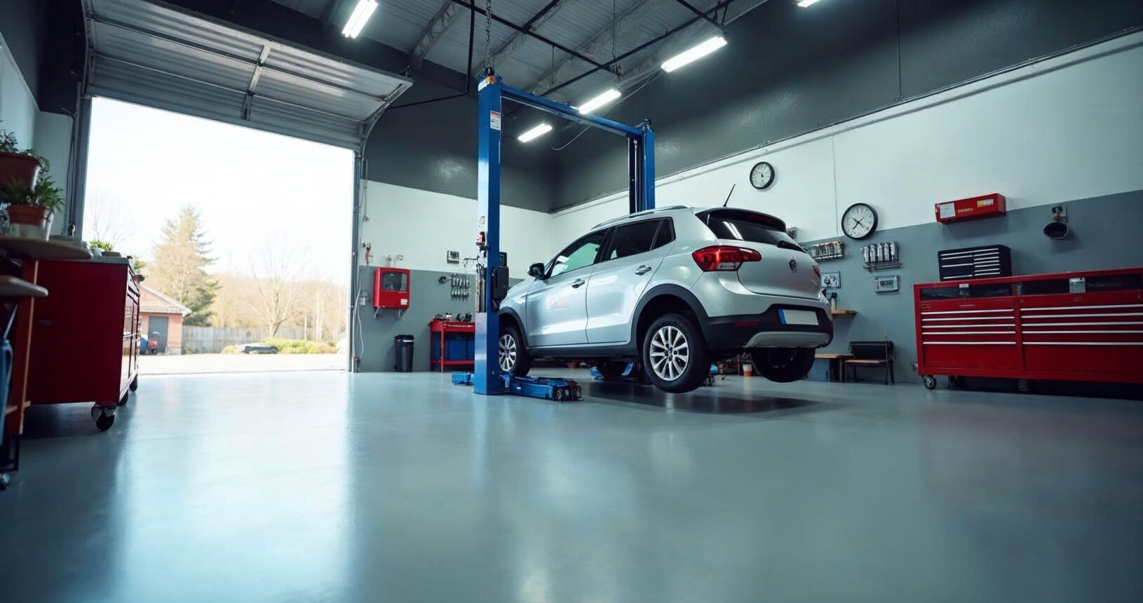 Osobné auto na zdviháku v čistej dielni autoservisu vo Zvolene